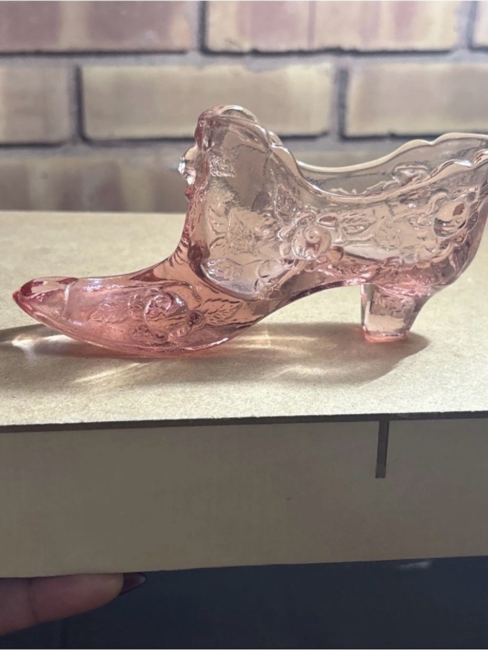 Vintage Fenton Art Glass OPALESCENT Pink Cabbage Rose Shoe Slipper